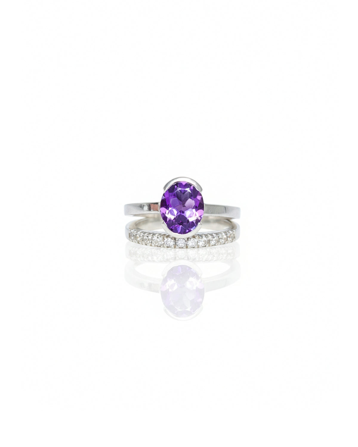 Sterling Silver Amethyst & White Sapphire Ring – 925 Sterling Silver Oval Purple Gemstone Statement Ring