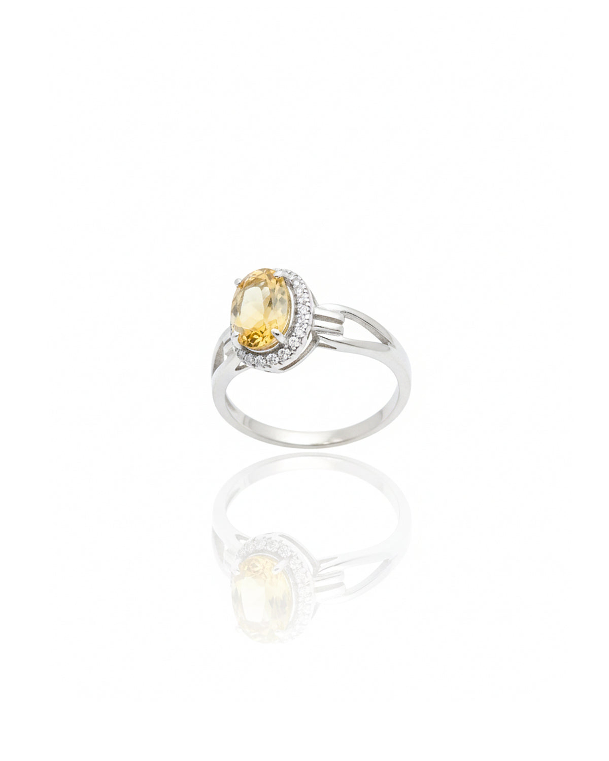 Sterling Silver Citrine Halo Ring – 925 Solid Silver Oval Yellow Gemstone & White Zircon Statement Ring
