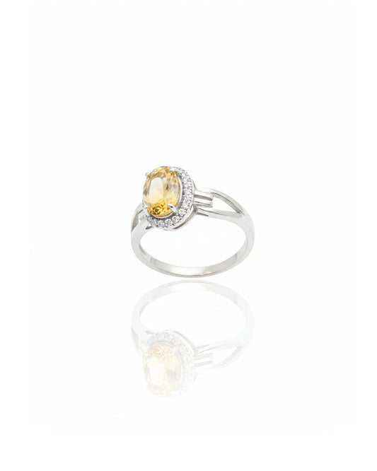 Sterling Silver Citrine Halo Ring – 925 Solid Silver Oval Yellow Gemstone & White Zircon Statement Ring