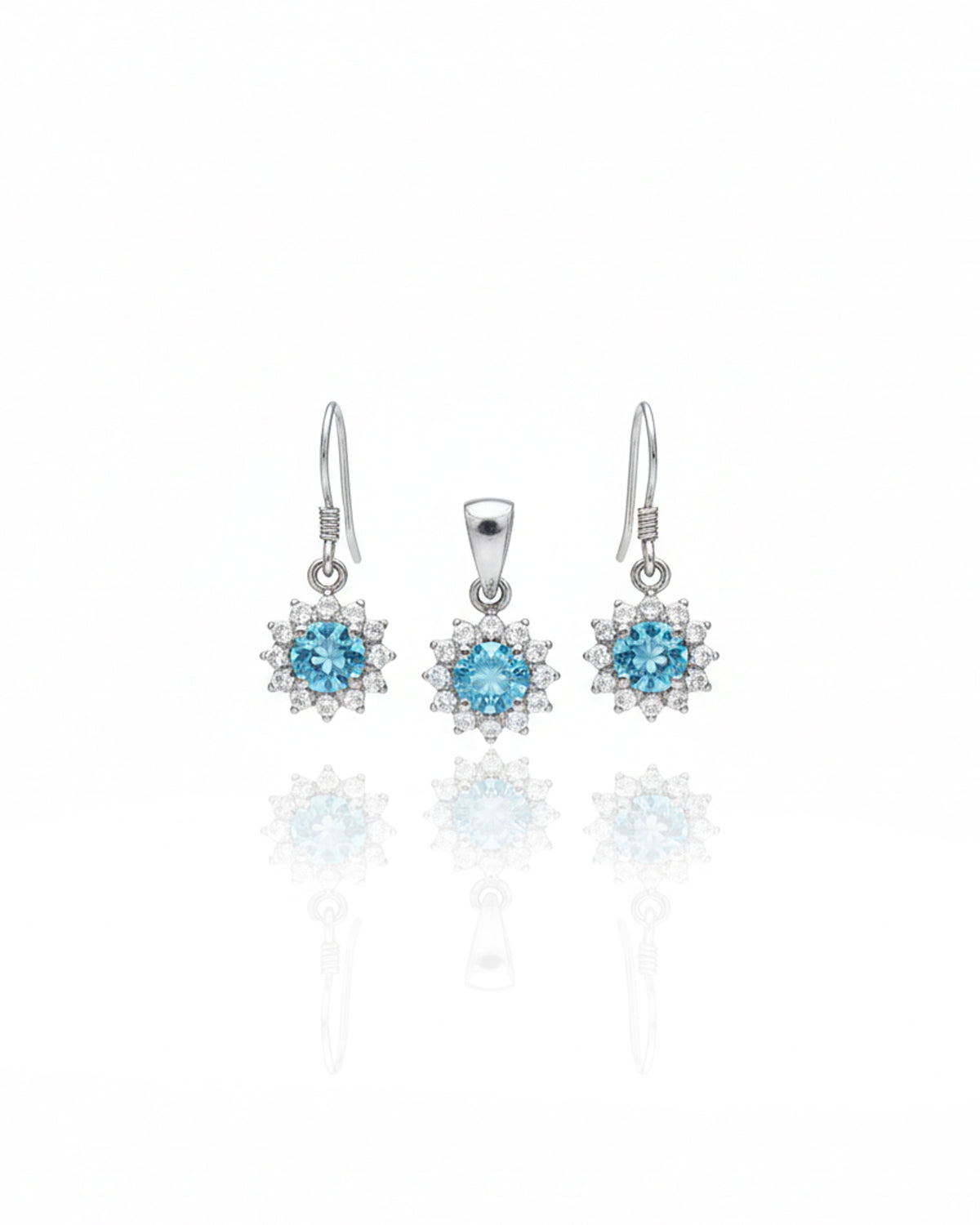 Sterling Silver Blue Topaz Jewellery Set – 925 Sterling Silver Flower Pendant & Drop Earrings