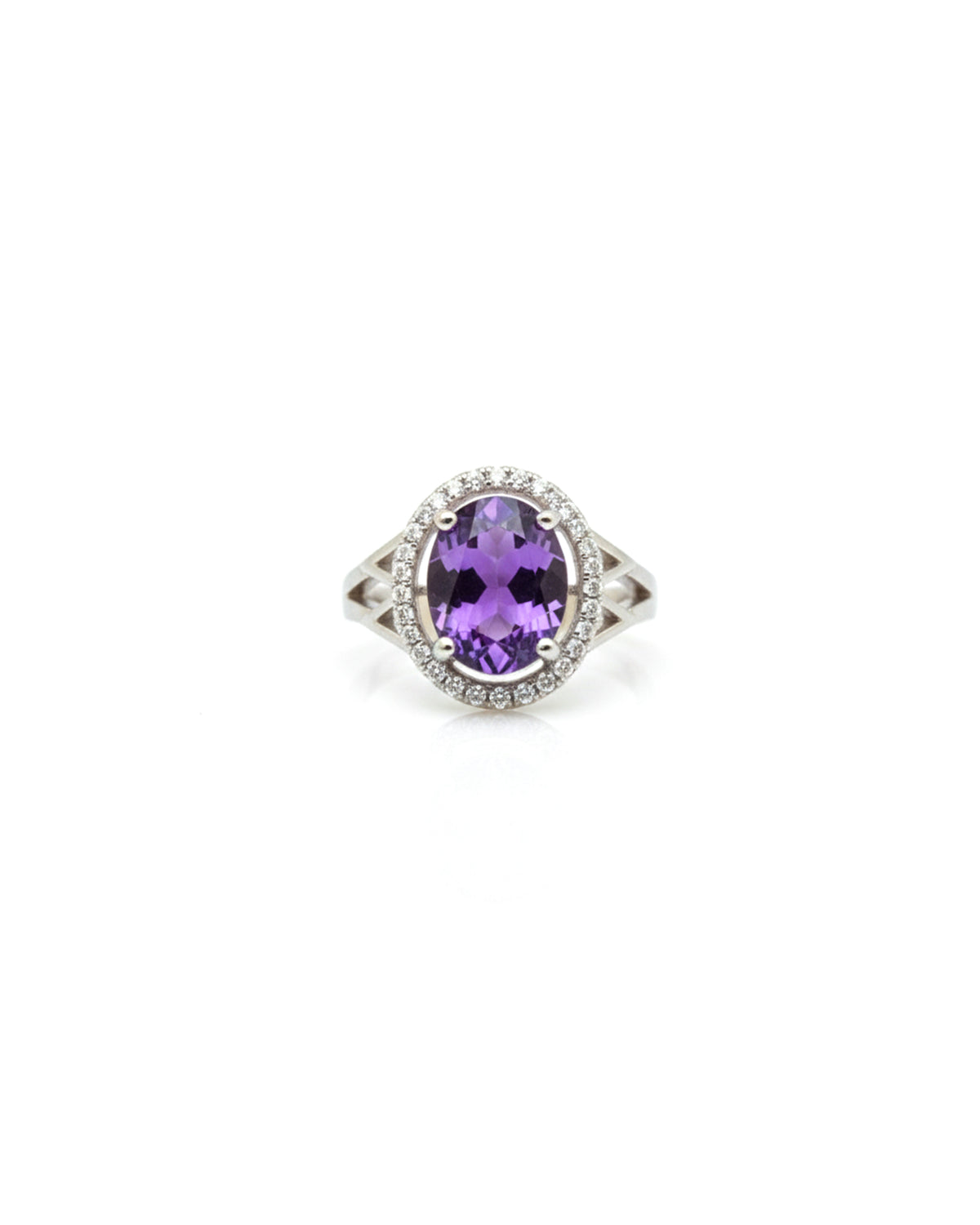 Sterling Silver Amethyst Halo Ring – 925 Sterling Silver Oval Purple Gemstone Statement Ring