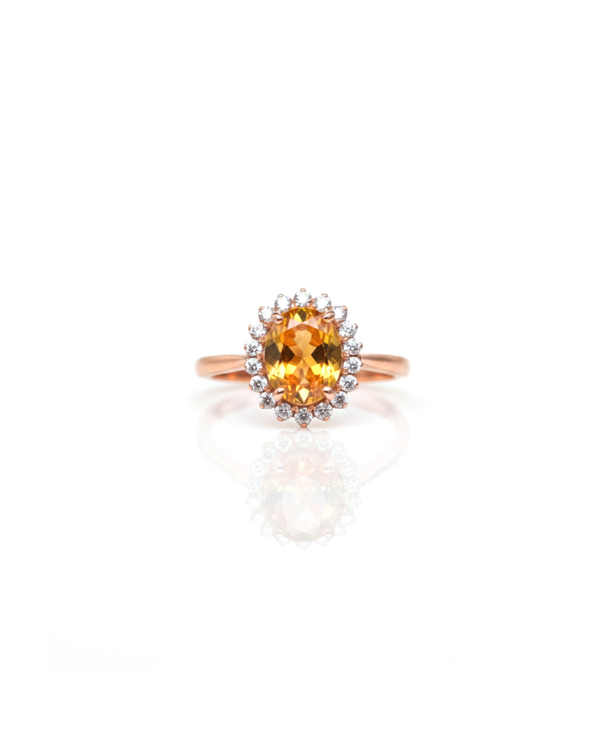Rose Gold Plated Citrine & White Zircon Ring – 925 Sterling Silver Oval Citrine Halo Statement Ring
