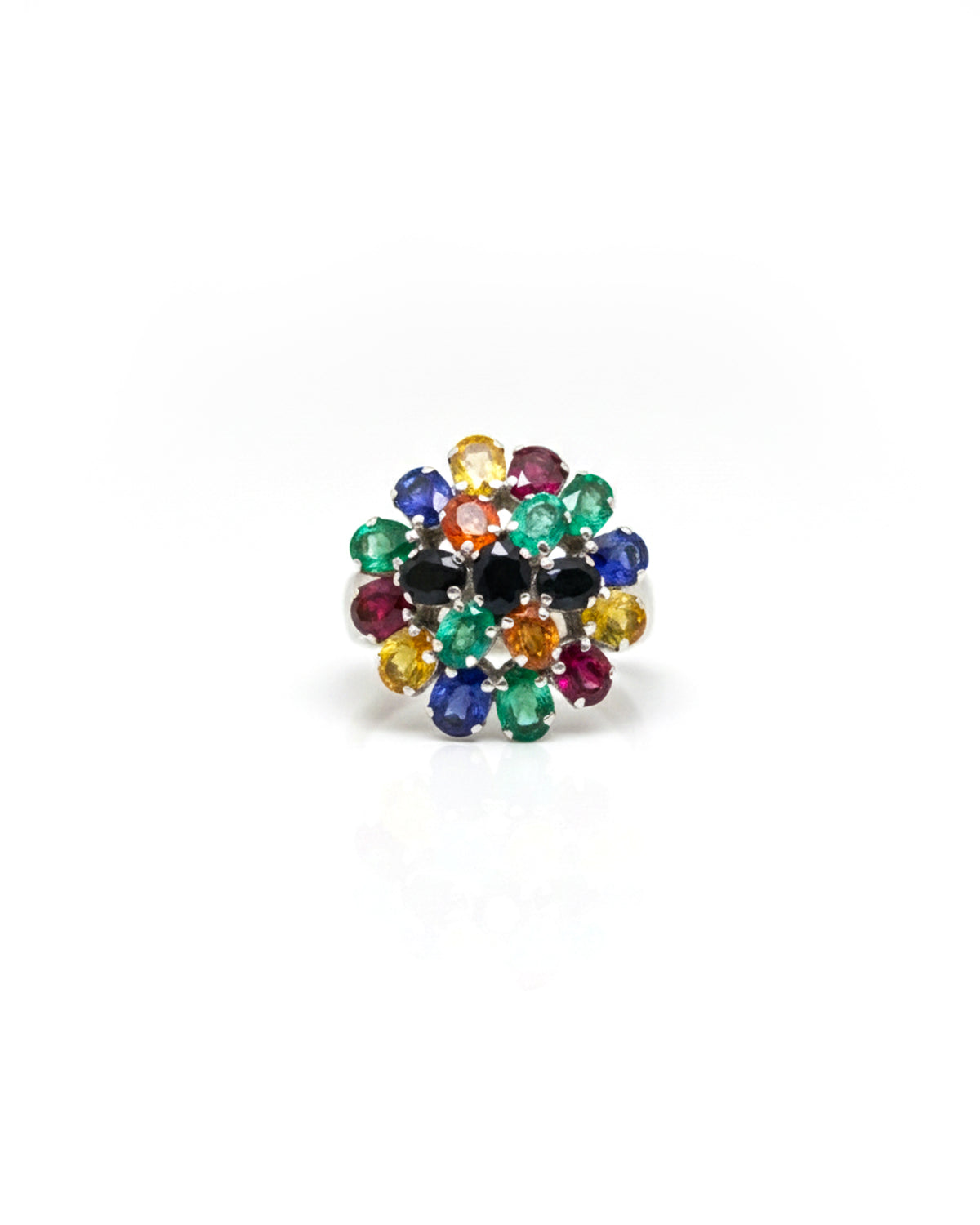 Sterling Silver Multi Sapphire Flower Ring – 925 Sterling Silver Rainbow Gemstone Cluster Statement Ring