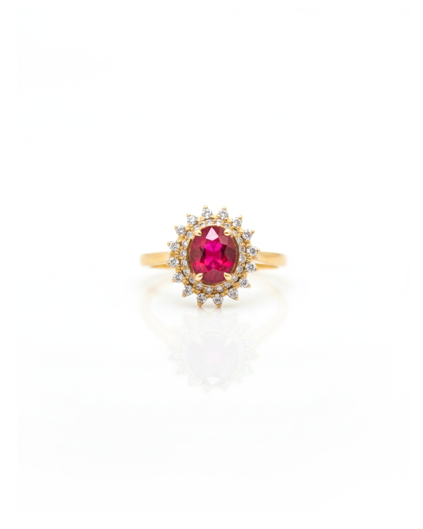 18K Gold Ruby & Diamond Double Cluster Ring – Solid 18K Yellow Gold Oval Ruby Double Halo Statement Ring