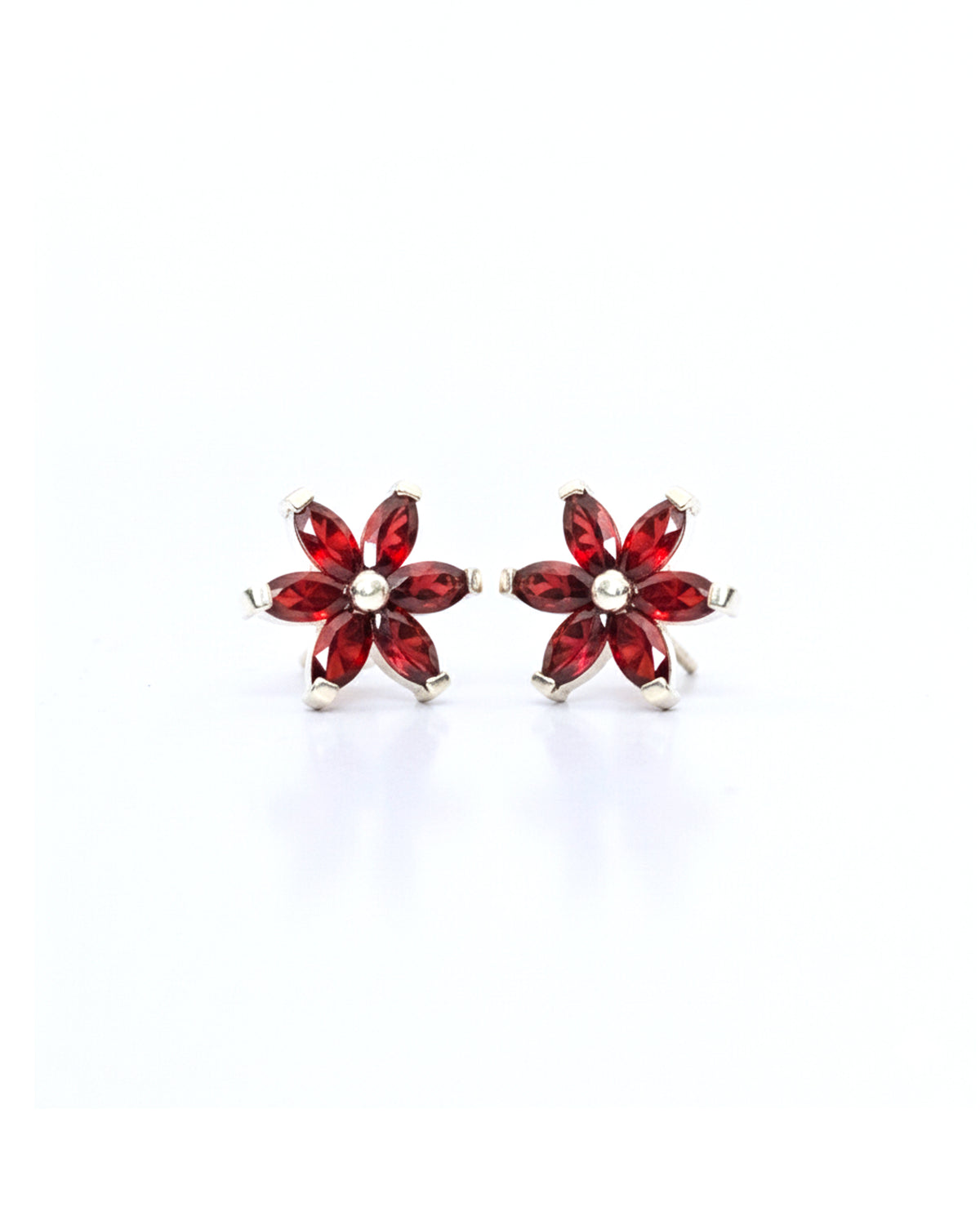 Sterling Silver Garnet Flower Stud Earrings – 925 Sterling Silver Red Gemstone Floral Earrings