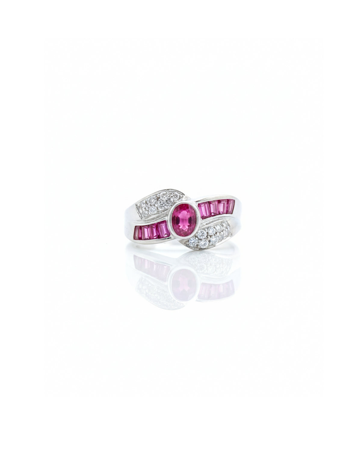Natural oval ruby and white sapphire statement ring in 925 sterling silver