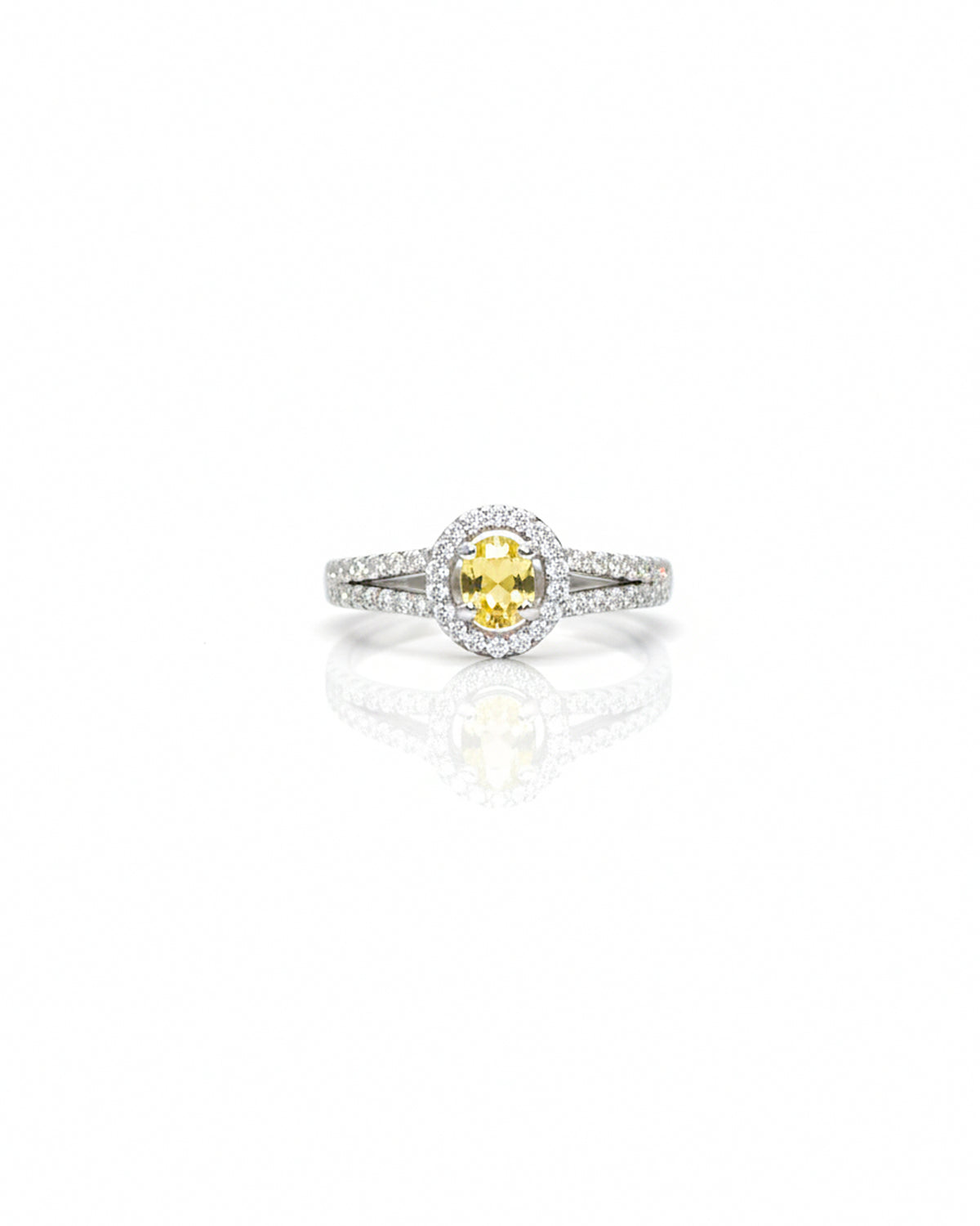 Sterling Silver Yellow Sapphire Halo Ring – 925 Silver Oval Yellow Sapphire & White Zircon Split Shank Statement Ring