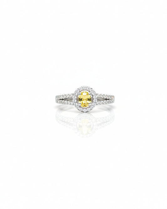 Sterling Silver Yellow Sapphire Halo Ring – 925 Silver Oval Yellow Sapphire & White Zircon Split Shank Statement Ring