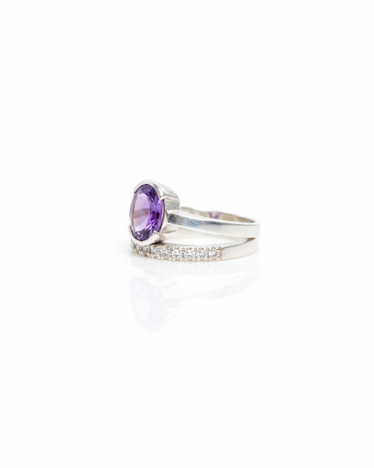Sterling Silver Amethyst & White Sapphire Ring – 925 Sterling Silver Oval Purple Gemstone Statement Ring