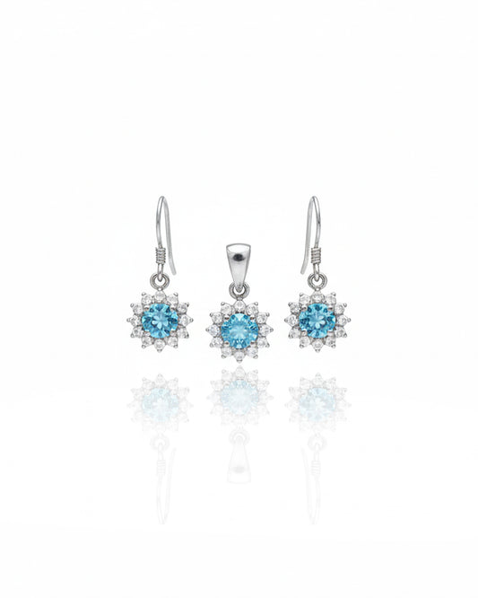 Sterling Silver Blue Topaz Jewellery Set – 925 Sterling Silver Flower Pendant & Drop Earrings
