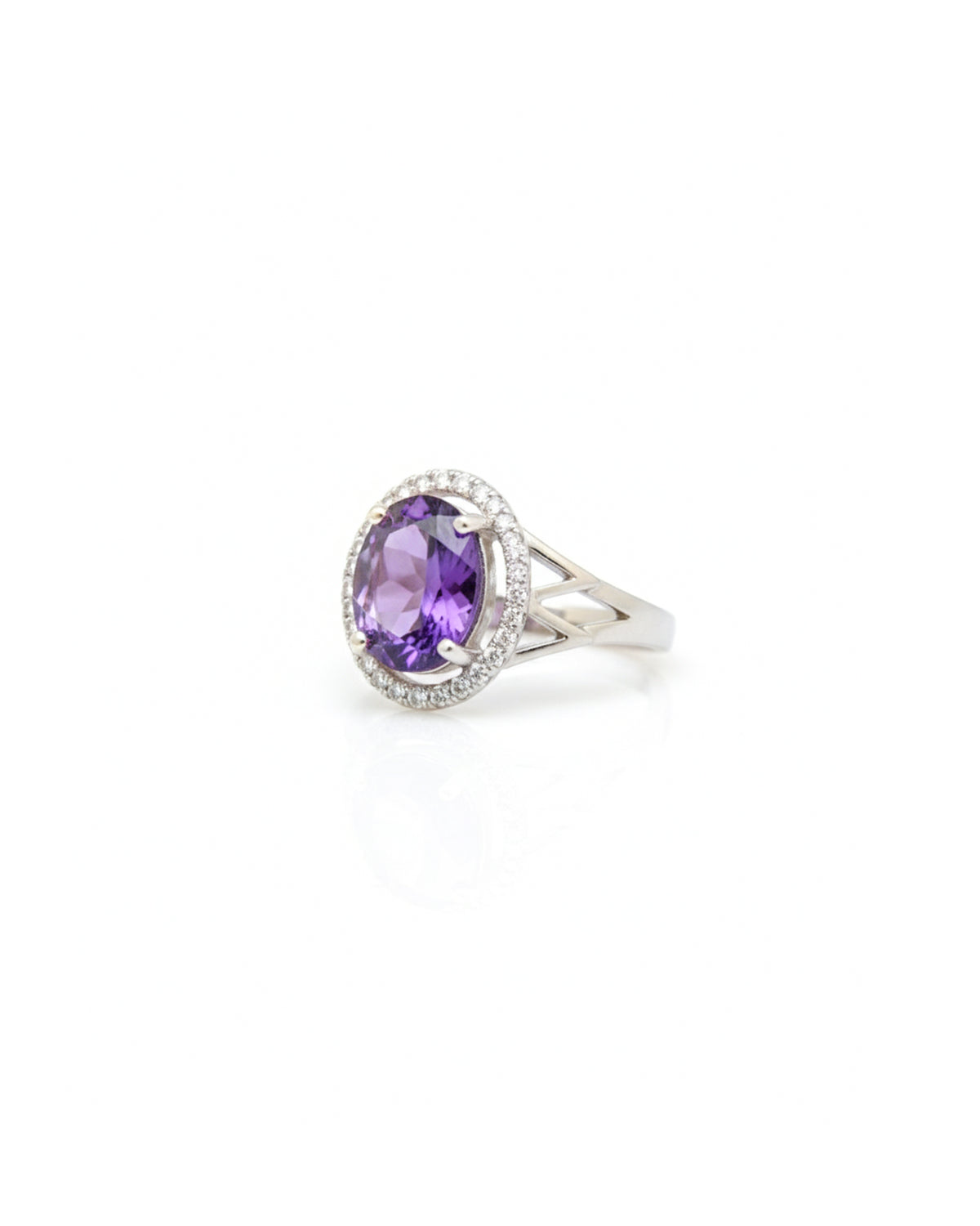 Sterling Silver Amethyst Halo Ring – 925 Sterling Silver Oval Purple Gemstone Statement Ring