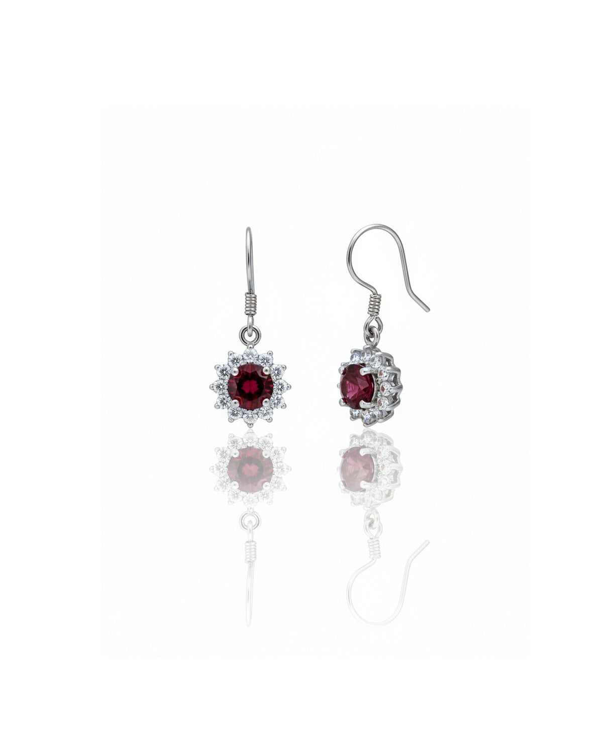 925 Sterling Silver Garnet & White Topaz Halo Drop Earrings – Red Gemstone Dangle Earrings, January Birthstone Jewelry