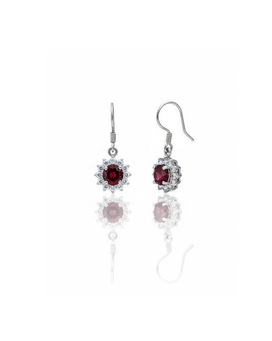 925 Sterling Silver Garnet & White Topaz Halo Drop Earrings – Red Gemstone Dangle Earrings, January Birthstone Jewelry