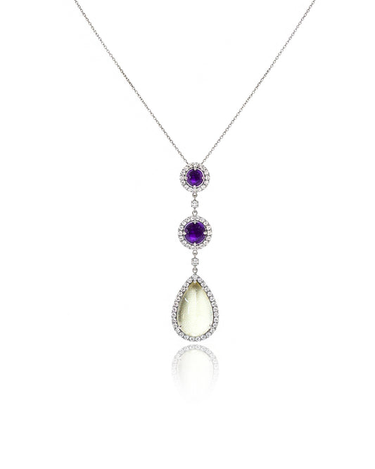 Sterling Silver Lemon Quartz, Amethyst & White Sapphire Pendant Necklace – 925 Sterling Silver Triple Gemstone Drop Necklace