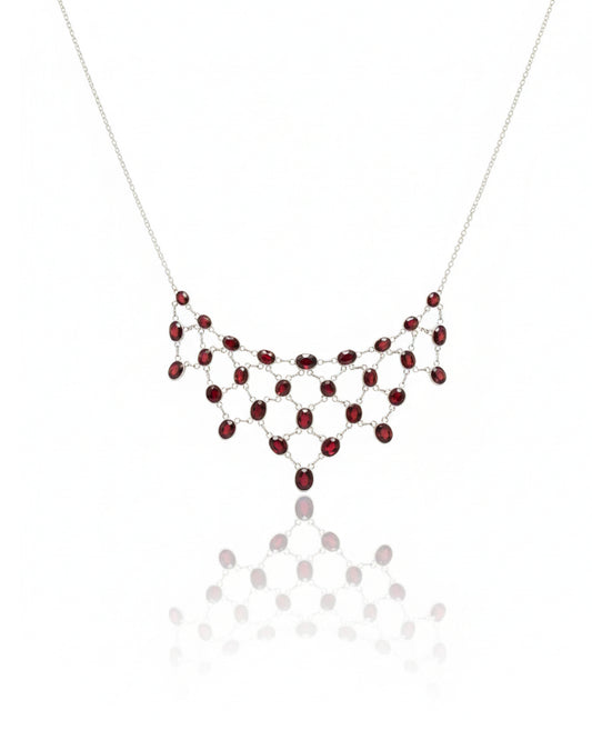925 Sterling Silver Garnet Festoon Necklace – Natural Red Garnet Drape Bib Statement Necklace