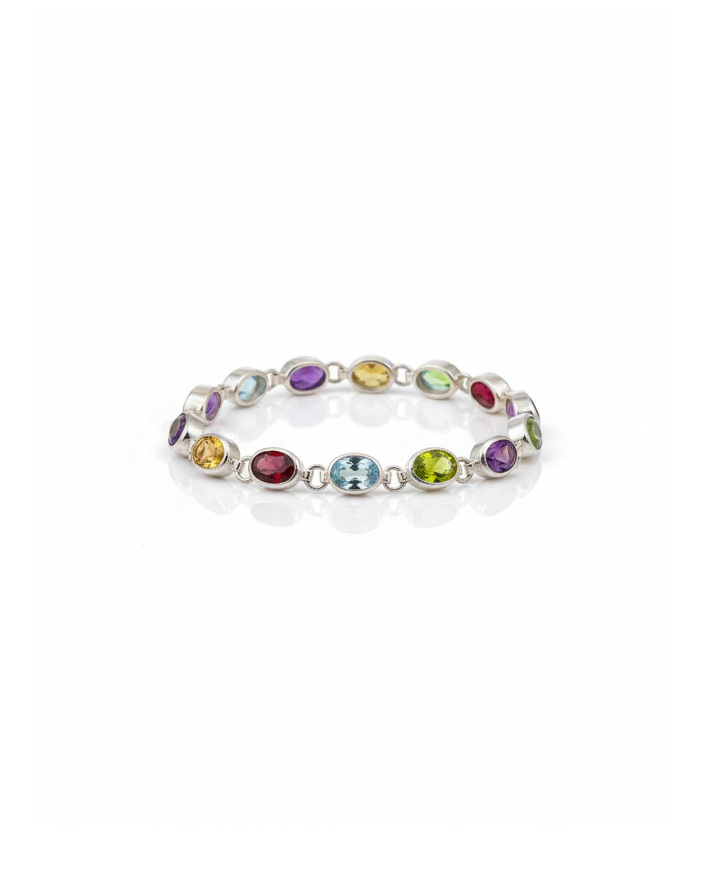 925 Sterling Silver Multi-Gemstone Link Bracelet – Amethyst, Garnet, Citrine & Blue Topaz Colorful Gemstone Bracelet