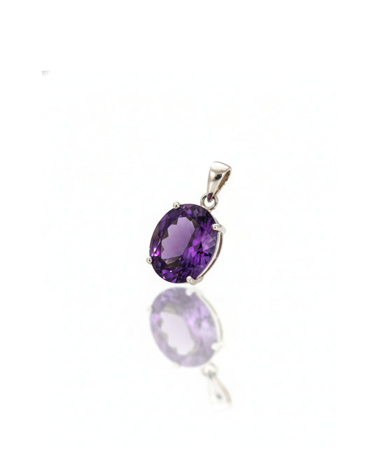 Sterling Silver Oval Amethyst Pendant – 925 Solid Silver Natural Purple Gemstone Solitaire Necklace
