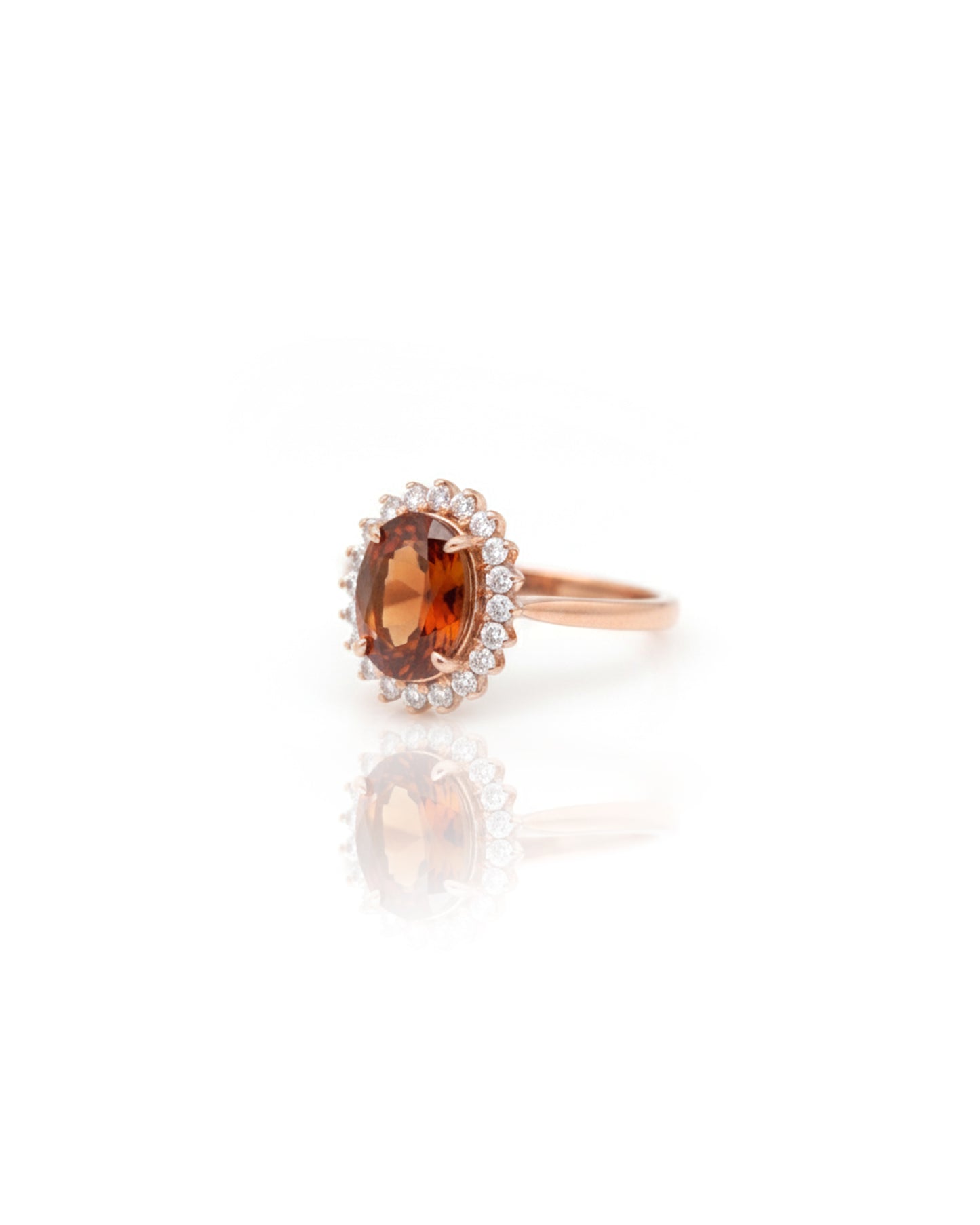 Adjustable Rose Gold Plated Hessonite Garnet Ring – 925 Sterling Silver Oval Cinnamon Stone Halo Statement Ring