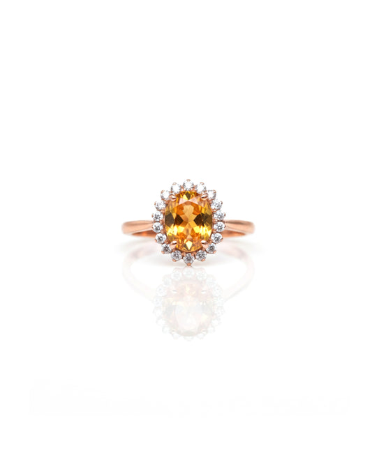 Rose Gold Plated Citrine & White Zircon Ring – 925 Sterling Silver Oval Citrine Halo Statement Ring