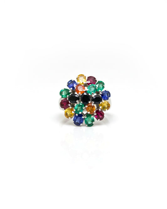 Sterling Silver Multi Sapphire Flower Ring – 925 Sterling Silver Rainbow Gemstone Cluster Statement Ring