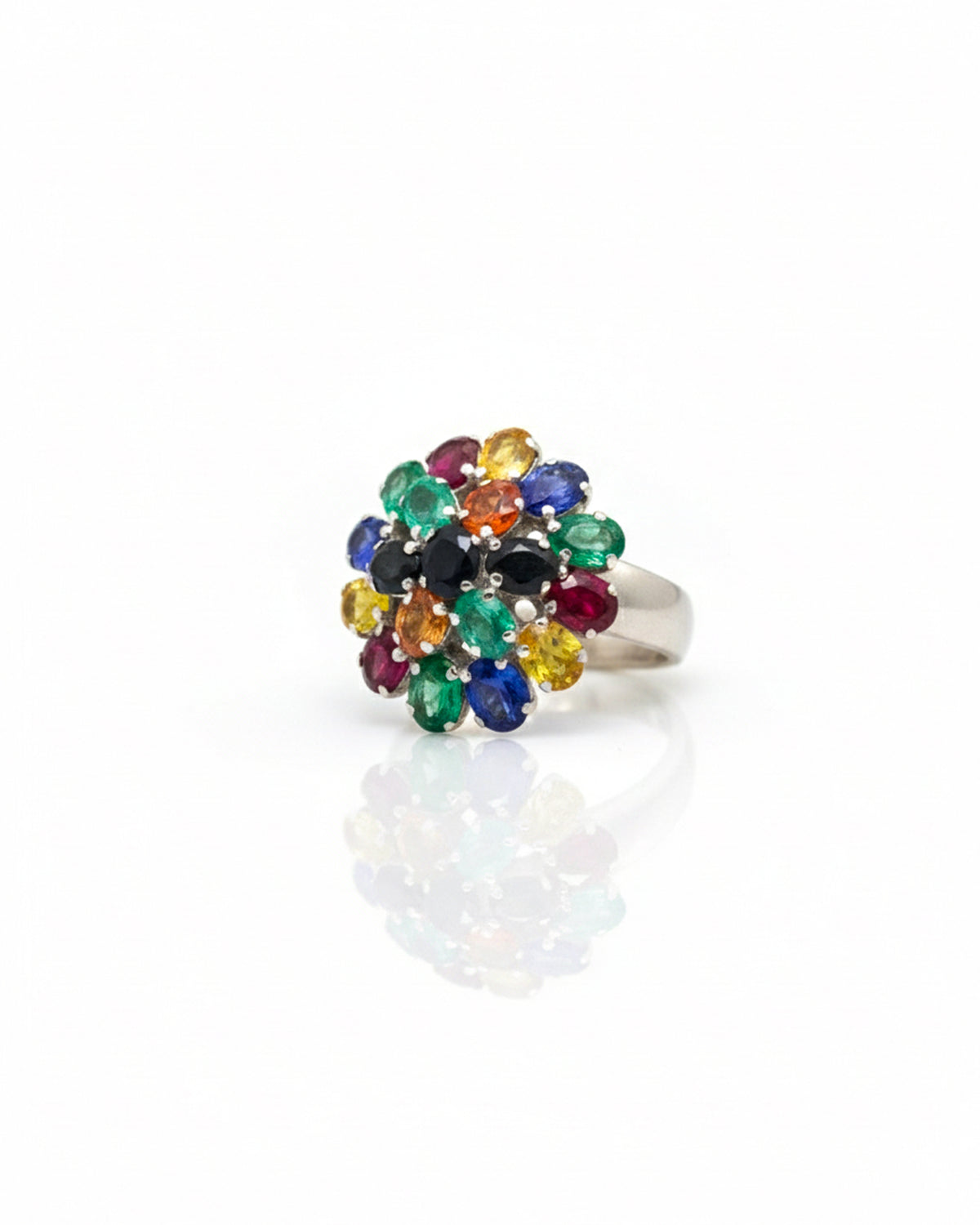 Sterling Silver Multi Sapphire Flower Ring – 925 Sterling Silver Rainbow Gemstone Cluster Statement Ring