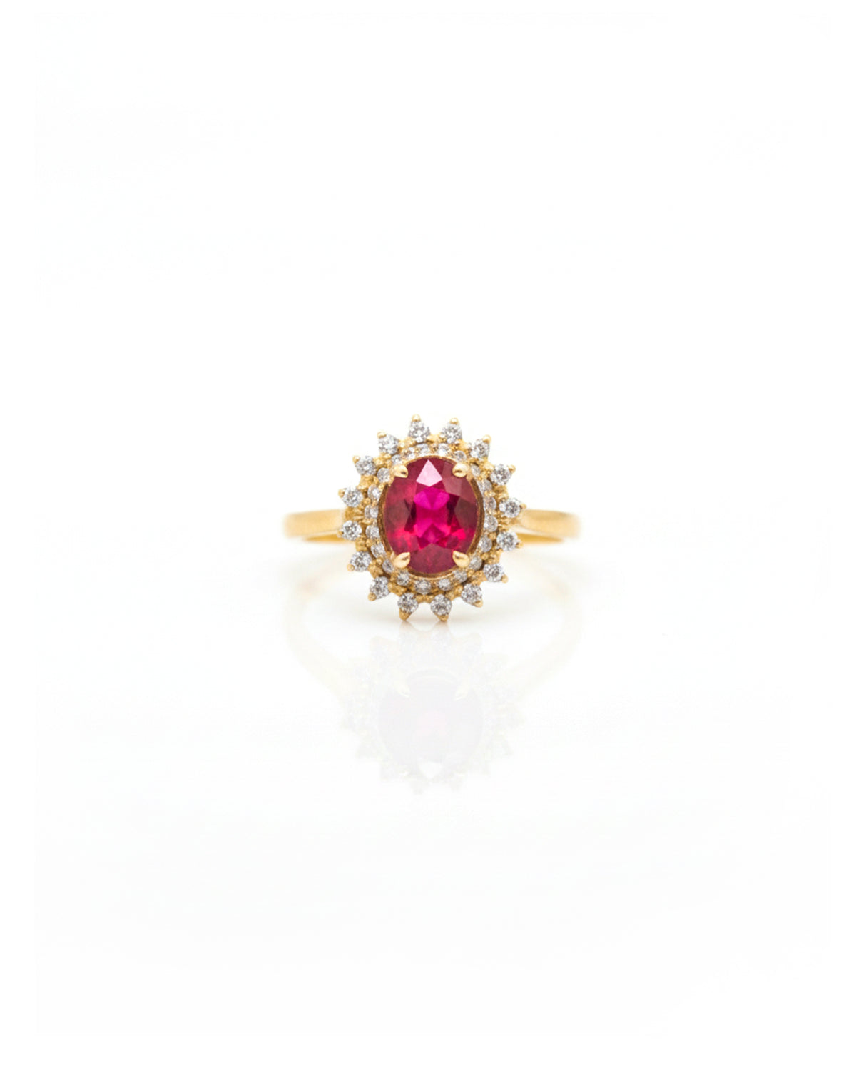 18K Gold Ruby & Diamond Double Cluster Ring – Solid 18K Yellow Gold Oval Ruby Double Halo Statement Ring