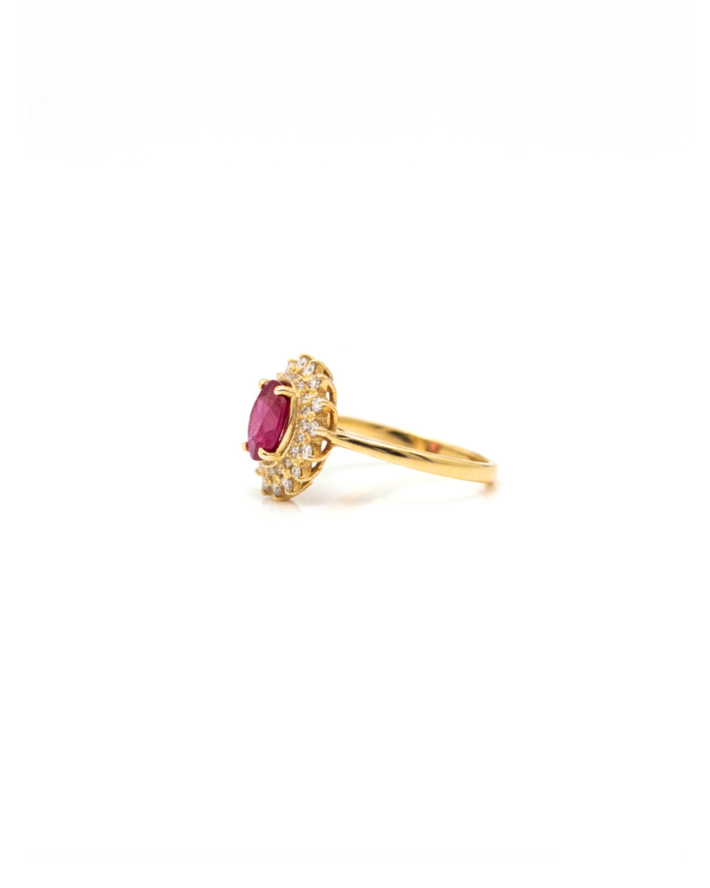 18K Gold Ruby & Diamond Double Cluster Ring – Solid 18K Yellow Gold Oval Ruby Double Halo Statement Ring