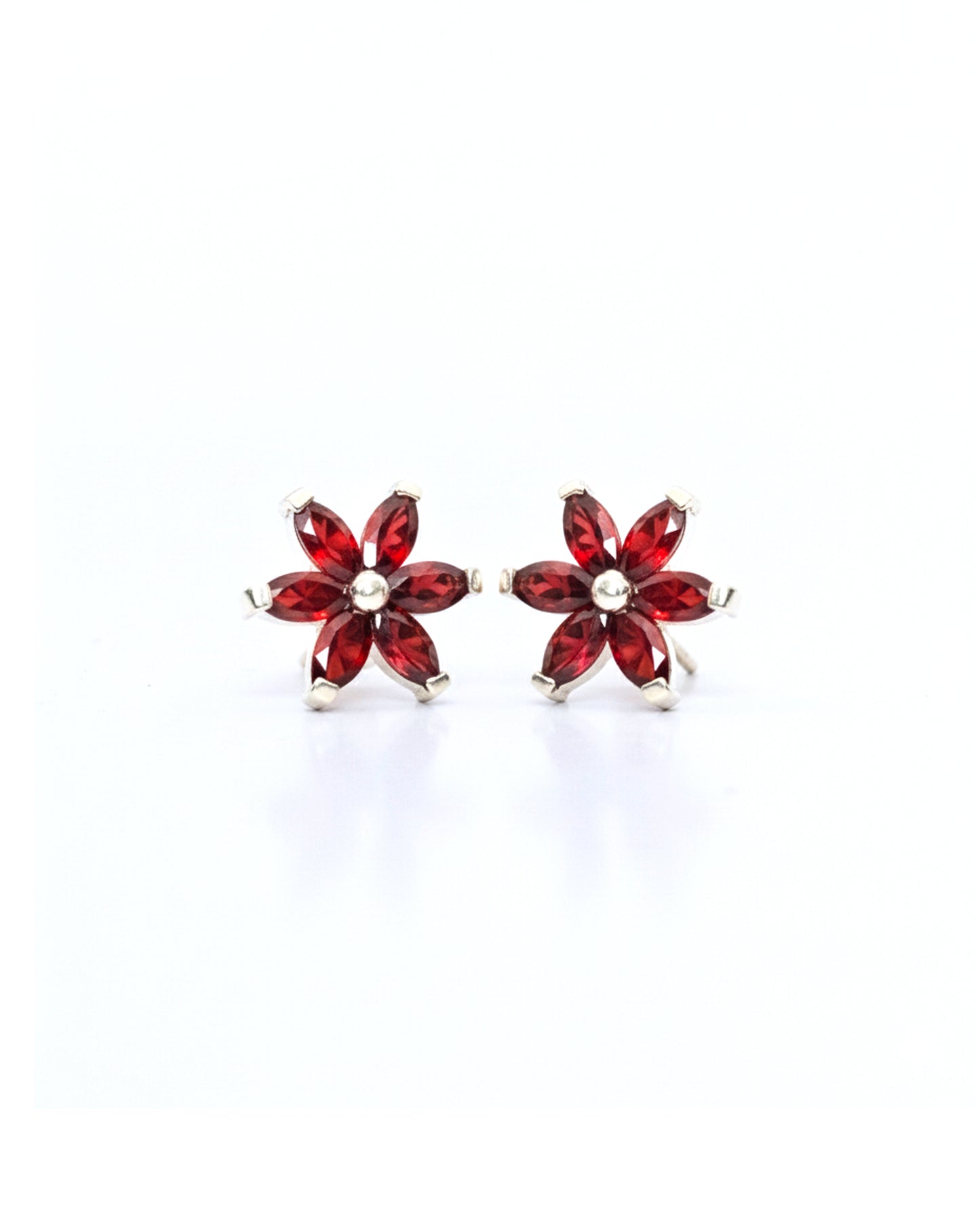 Sterling Silver Garnet Flower Stud Earrings – 925 Sterling Silver Red Gemstone Floral Earrings
