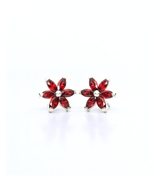 Sterling Silver Garnet Flower Stud Earrings – 925 Sterling Silver Red Gemstone Floral Earrings