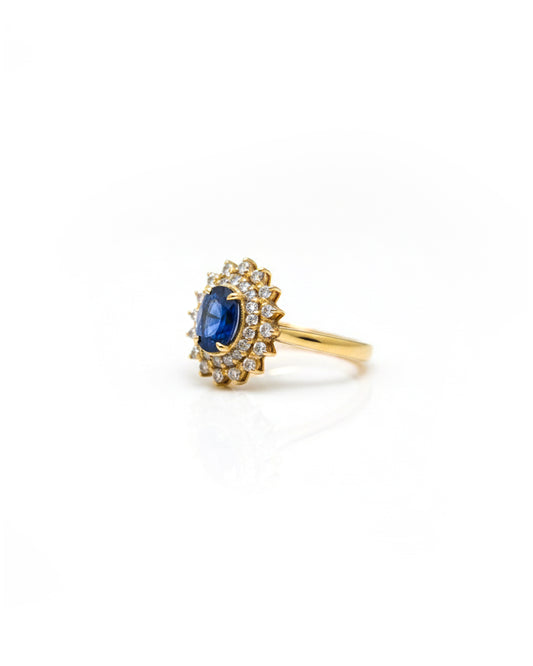 18K Gold Ceylon Blue Sapphire & Diamond Ring – Solid Yellow Gold Oval Double Halo Luxury Ring