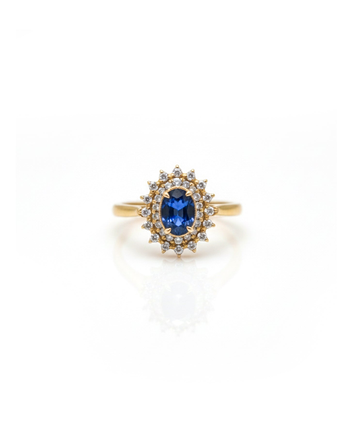 18K Gold Ceylon Blue Sapphire & Diamond Ring – Solid Yellow Gold Oval Double Halo Luxury Ring